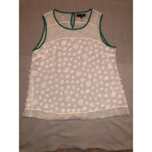 RYU White w/Green Border Sleeveless Top Size Large